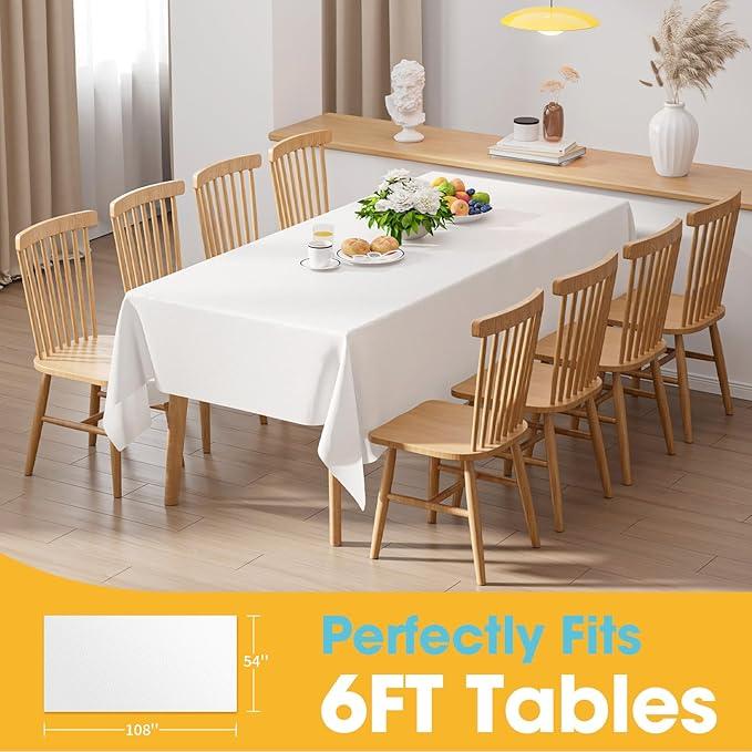 White Plastic Table Cloth - 4 Pack 54" × 108" Rectangle Disposable Tablecloths for 6FT Tables, Waterproof Table Cover for Party, Holiday & Gathering Use, White