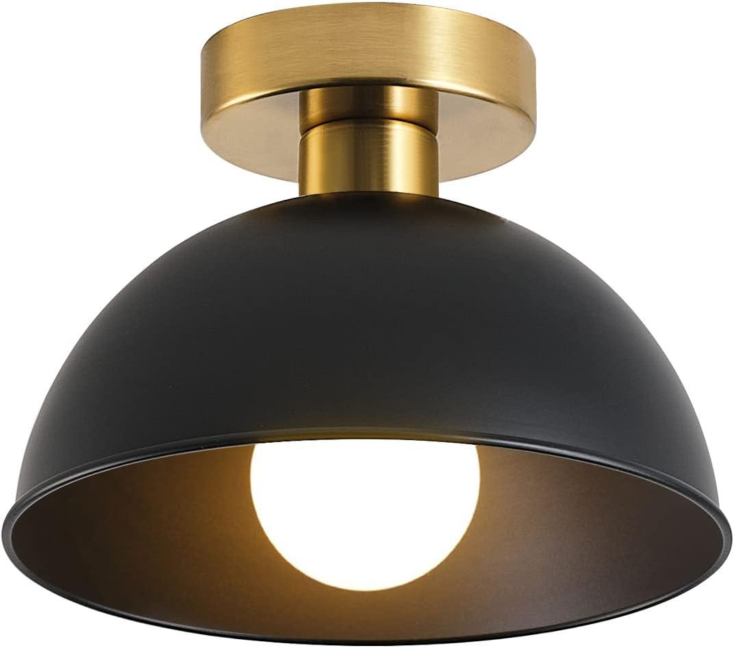 Industrial Semi Flush Mount Ceiling Light with Gold Plate and Matte Black Shade, Farmhouse Ceiling Light Fixture for Kitchen Island Dining Room Foyer Hallway Porch Barn Loft10in (Black)