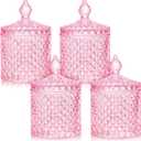 Aoriher 4 Pcs Crystal Glass Candy Jar Set with Lids Home Decorative Storage Jars for Apothecary, Bathroom, Kitchen, and Pantry, Ideal for Cotton Swabs and Jewelry(Medium,Pink)