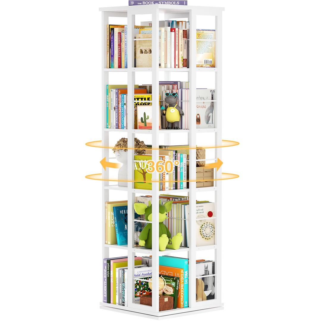 Aheaplus Rotating Bookshelf, Corner Bookcase, 360 Display Wood Spinning Bookshelves, Floor Standing Bookcases Narrow Shelf, 5 Tiers, White