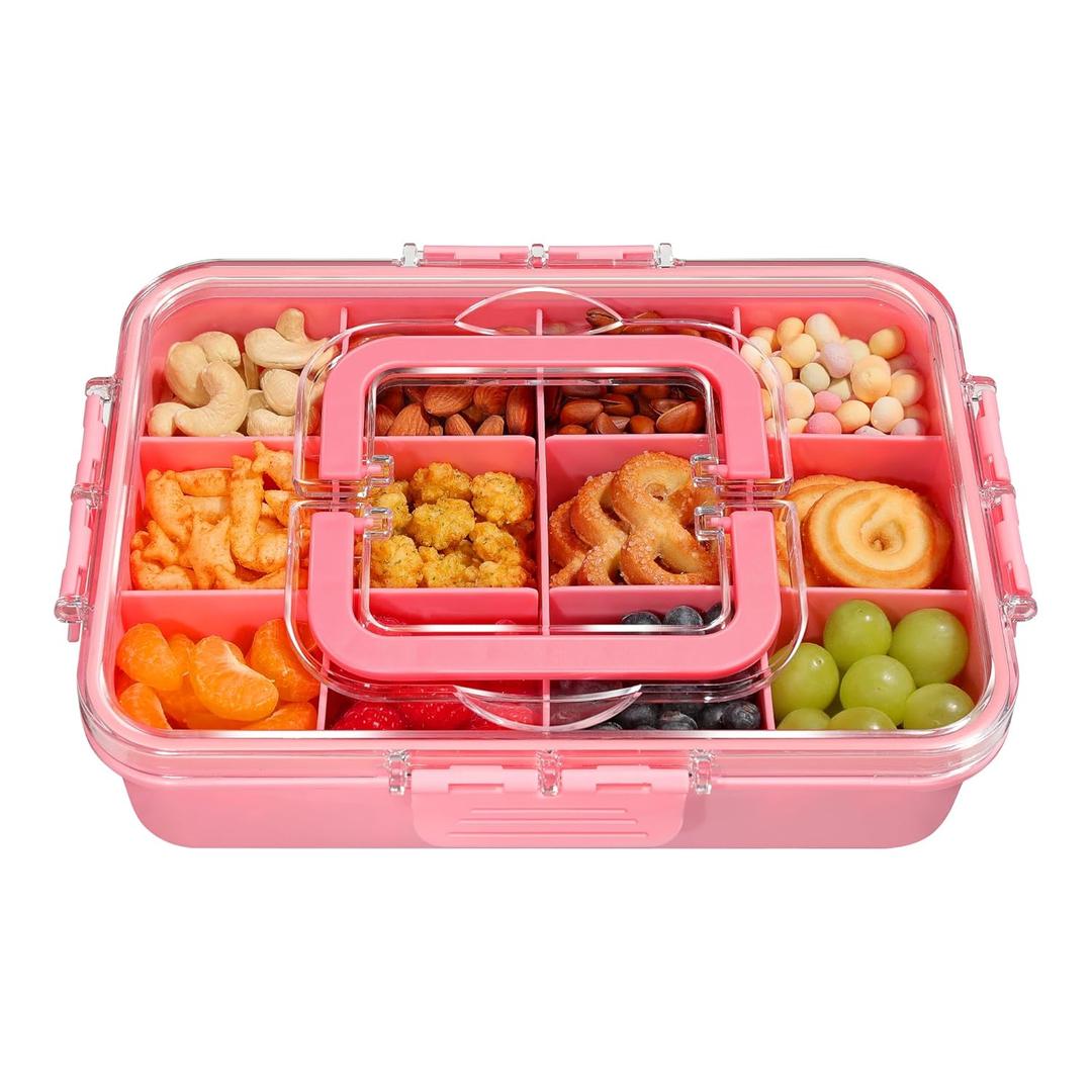 Xyptorix Snack Box Container for Kids - Adjustable 12-Compartment Snack Containers, Reusable Bento Box, Dishwasher Safe, BPA-Free, Perfect for School, Travel, Camping & Picnic, Pink (Medium)