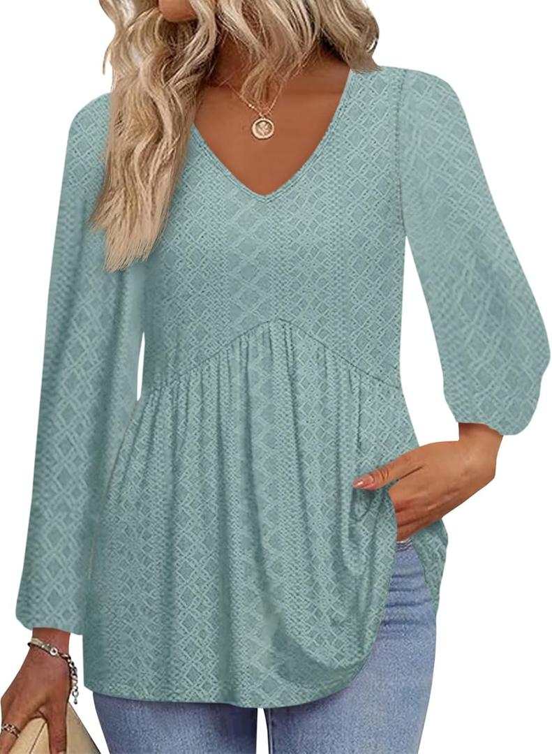 Tankaneo Womens Long Sleeve Shirts V Neck Loose Fit Tunic Tops Babydoll Peplum Top Flowy Dressy Casual Blouse Eyelet T-Shirt (X-Large, Green)
