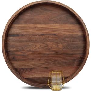 20 Inches Extra Large Round Black Walnut Wood Ottoman Tray with Handles, Serve Tea, Coffee or Breakfast in Bed, Classic Circular Wooden Decorative Serving Tray