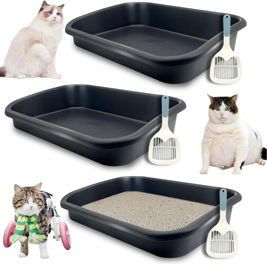 BNOSDM 3 Pcs Large Cat Litter Box, Low Entry Senior Litter Box Open Top Pet Litter Tray with Scoops for Older Cats or Disabled Senior Cats, 23x16.5x4.3 Inches (Black)