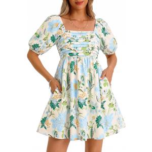 Wenrine Womens Summer Square Neck Mini Dresses Casual Floral Puff Short Sleeve Smocked High Waisted A-Line Babydoll Dress (Beige, large)