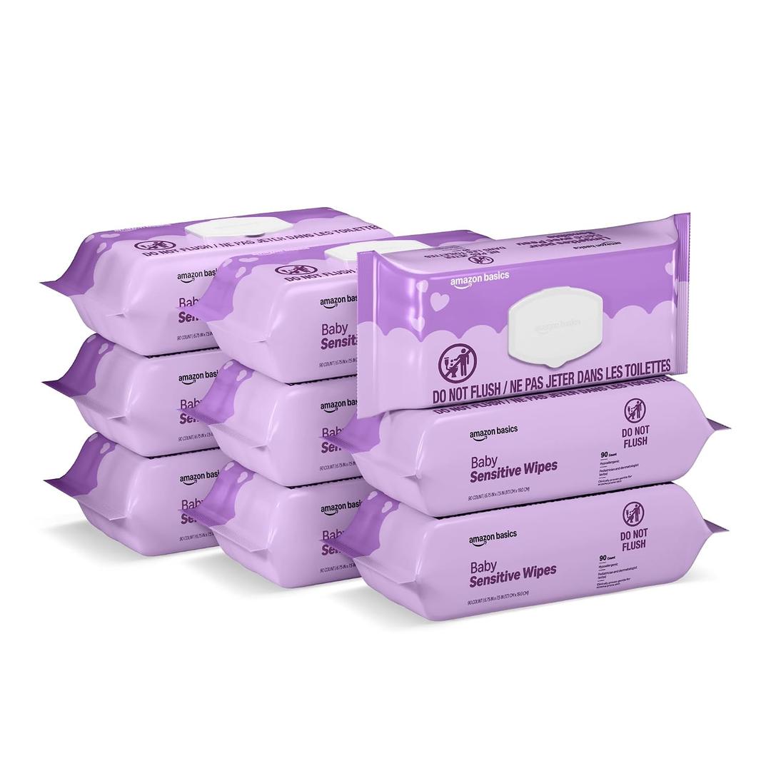 Amazon Basics Baby Wipes, Sensitive, 810 Count, Flip-Top Packs, Pack of 9 
