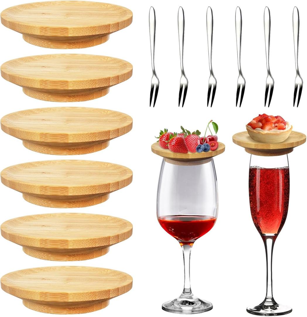 ZYNERY 6 Pcs Wine Glass Charcuterie Topper, Wine Glass Topper Charcuterie Plate, Mini Charcuterie Boards Wine Glass Covers, Bamboo Coasters with 6 Fruit Forks for Family Gatherings Party