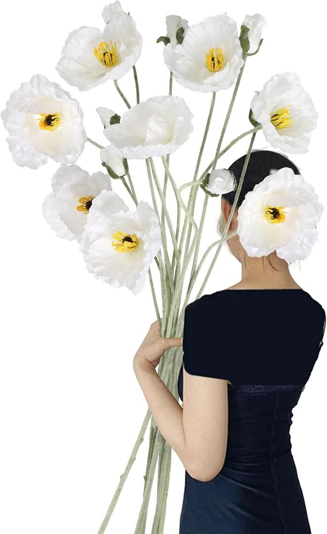 Poppy Flowers Artificial,6PCS Faux White Poppies 41.3in Long Stem Artificial Flowers for Tall Vase Wedding Party Office Decor(White)