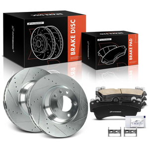 A-Premium 13.77 inch (349.7mm) Front Drilled and Slotted Disc Brake Rotors + Ceramic Pads Kit Compatible with Select Audi, Porsche & Volkswagen Models - Q7 2007-2015, Touareg 2004-2008/2010, 6-PC Set