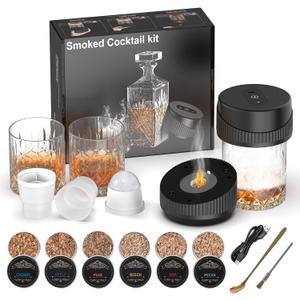 Electric Cocktail Smoker Kit Built-in Lighter, Rechargeable Whiskey Smoker Kit with 2 Glasses & Molds, Old Fashioned Drink Smoker Kit, Bourbon Valentine's Day Gifts for Men, Dad,Husband
