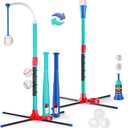 3-in-1 Baseball Set for Kids: Hanging Batting Tee + T Ball Stand Set Auto Ball Launcher for Toddlers & Youth Adjustable Height with 6 balls 2 Bats Outdoor&Indoor Toys Sports Gifts for 3-12 years old