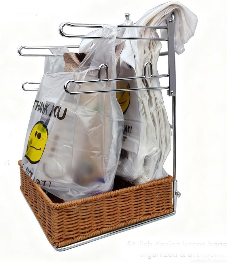 T-shirt shopping bag rack and dispenser, grocery store counter plastic bag rack with a nice wicker basket base, transforms cluttered shopping bags into a neat and easy-to-use storage solution
