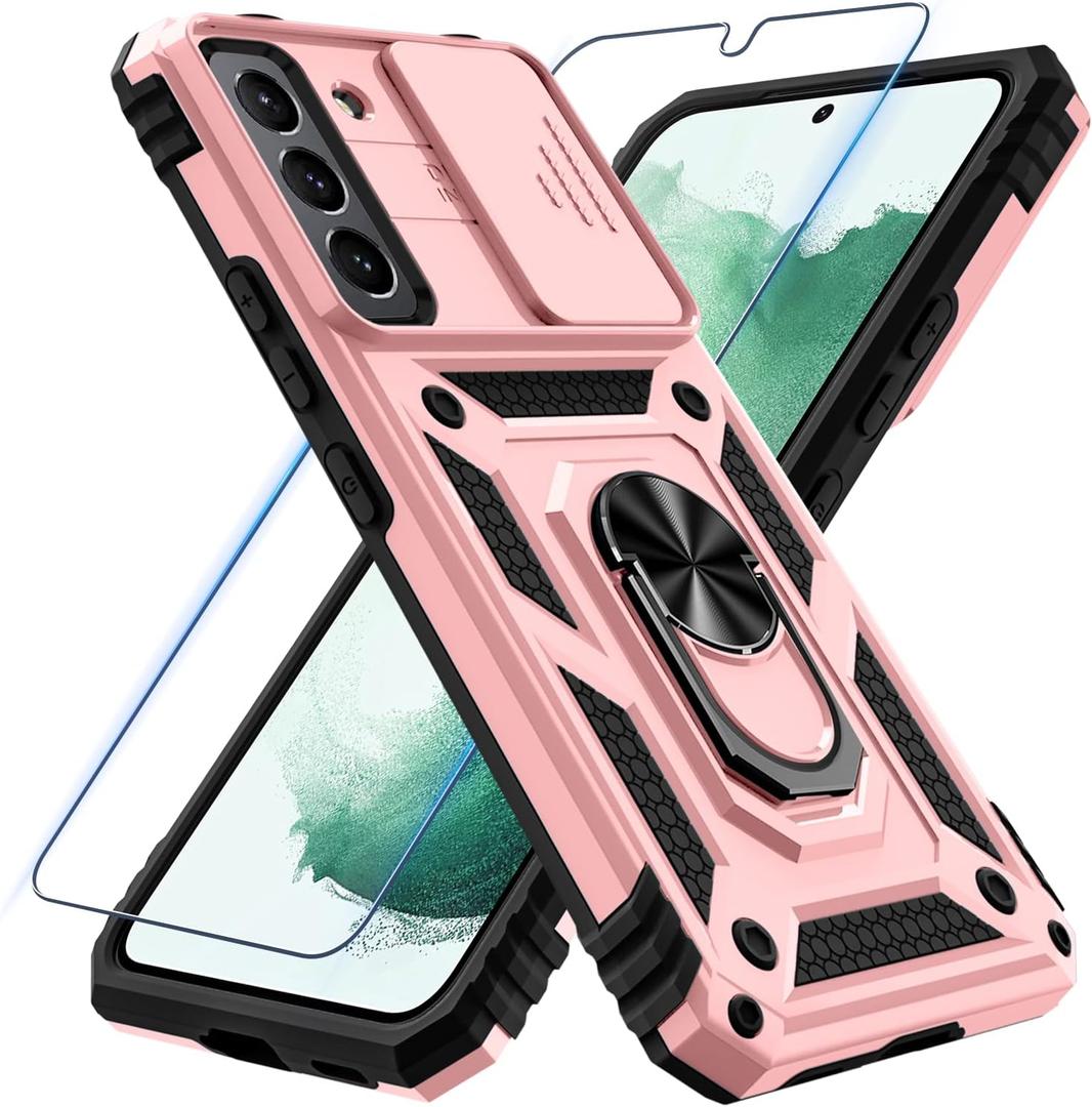 Compatible with Samsung Galaxy S22 Case with Screen Protector[Not for S22+],Heavy Duty Shockproof Full Body Phone Cover Built in Slide Camera Lens Cover+Ring Holder,2022 Rose Gold