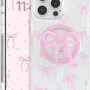 Magnetic Case for iPhone 15 Pro, 3D Pink Magnetic Stand Bowknot Phone Case, Cute Pink Clear Bow Aesthetic Design Soft Durable TPU Transparent Protective Cover for Women Girls-04