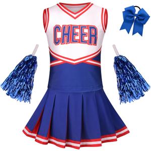 GRAJTCIN Girls Cheerleader Costume Halloween Dress Up Cheerleading Uniform Outfit (10-12 Years, Blue)