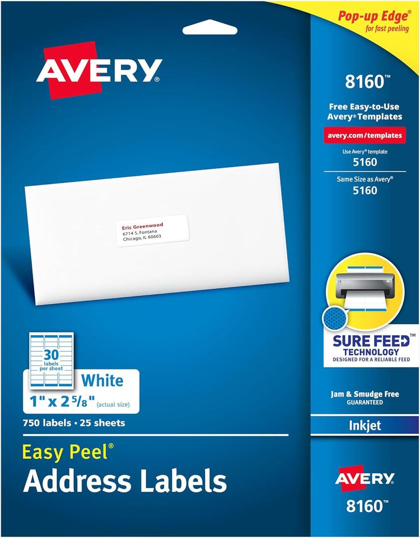Avery Easy Peel Printable Address Labels with Sure Feed, 1" x 2-5/8" Customizable Stickers, White, 750 Blank Mailing Labels, Great for Mailing, Shipping, and More (8160)