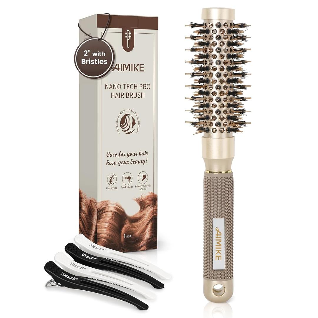 AIMIKE Round Hair Brush, 1 inch Barrel with Boar Bristles, Nano Thermal Ceramic & Ionic Tech, for Blow Drying, Styling, Curling and Shine + 4 Clips (Gold, Unisex, Fine Hair, Short Hair, Anti-Frizz)