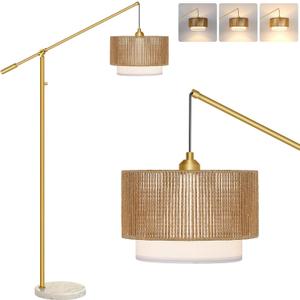 UpgradedArc Floor Lamp for Living Room, Boho Dimmable Swing Arm Floor Lamp with Rattan & Fabric Shades, Gold Rattan Standing Lamp with Marble Base, Farmhouse Adjustable Tall Lamp for Bedroom Office