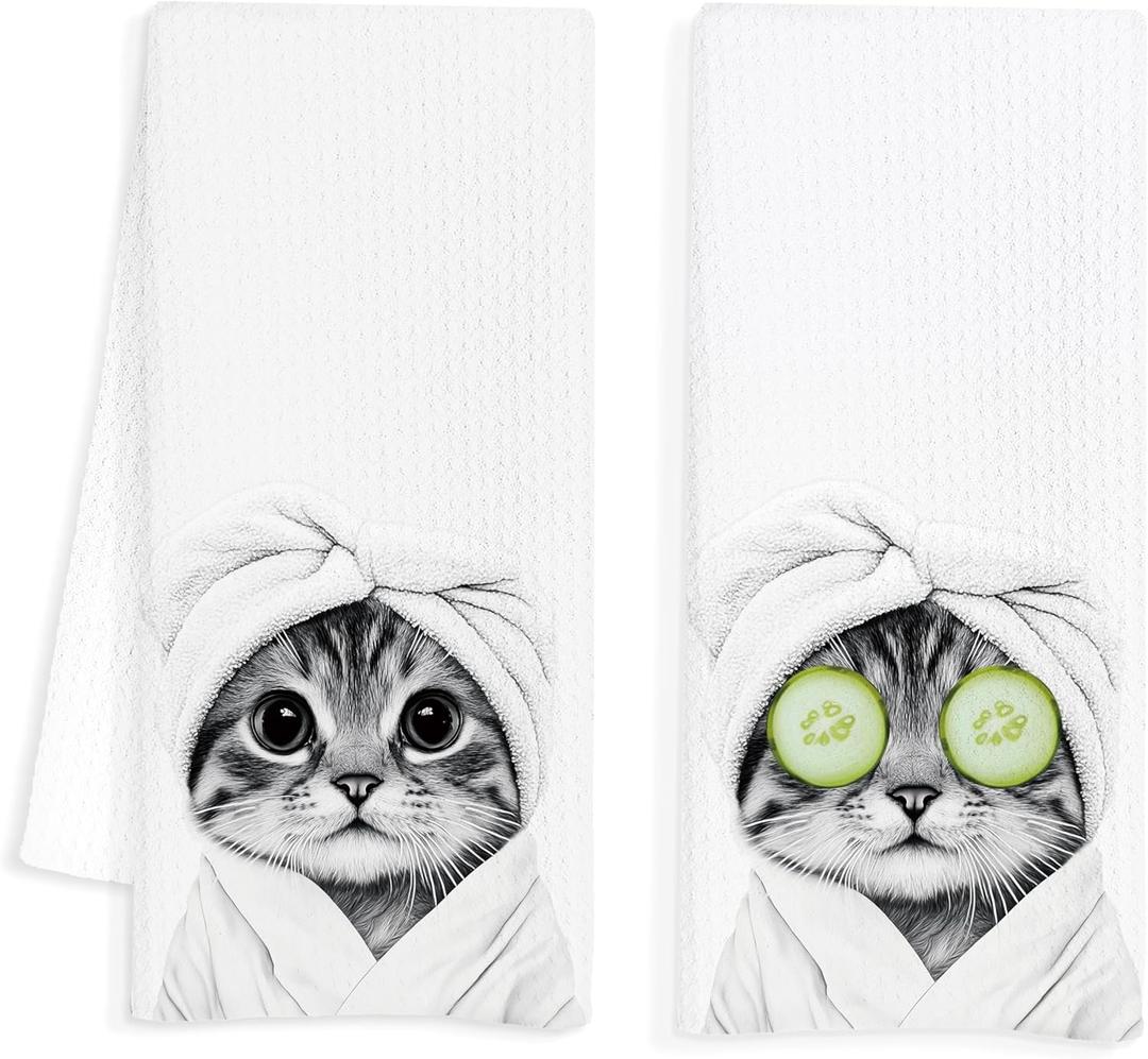 Funny Cat Hand Towels Set of 2, Cat Lady Gifts for Womens, Cute Funny Bathroom Hand Towels, Cute Bathroom Decor, 16x24 Inch