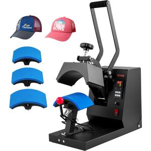 VEVOR 4-in-1 Heat Press Machine for Hats with 6x3inches Curved Teflon-Coated Heat Plate, Easy Temperature Control Non-Slip Base, Four Replaceable Elements 6x3/6.7x2.7/6.7x3.8/8.1x3.5inches