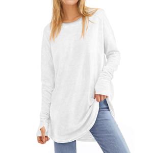 Tankaneo Womens Oversized Long Sleeve Shirts Vintage Washed Casual Loose Fit Tunic Tops with Thumb Holes White (L)