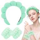 Zkptops Spa Headband for Washing Face Wristband Set Sponge Makeup Skincare Headband Wrist Towels Bubble Soft Hairband for Women Puffy Headwear Winter Non Slip Thick Thin Hair Accessory(Light Green-3)