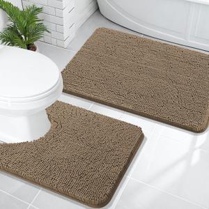 OLANLY Bathroom Rugs Sets 2 Piece, Soft Absorbent Chenille Bath Mats and U-Shaped Contour Toilet Mat Area Rug Set, Machine Washable Bath Carpet, Home Decor Accessories(30"x20"+24"x20", Tan)