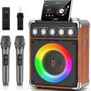 Karaoke Machine for Adults Kids, Bluetooth Speaker with 2 Karaoke Microphones, Bass/Treble Adjustment, Portable PA System with Remote Control/LED Lights for Home Party, Support USB/AUX/REC/TWS (30watt-Wood)