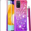 for Samsung Galaxy A03S Case with Glass Screen Protector for Women Girls,Glitter Bling Flowing Liquid Sparkle Cute Soft TPU Shockproof Protective Phone Case for Samsung Galaxy A03S-Pink/Purple