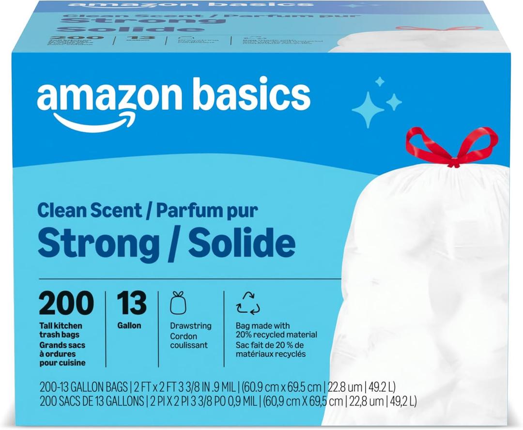 Amazon Basics Scented Trash Bags, Tall Kitchen Drawstring, Clean Fresh Scent, 13 Gallon, 200 Count, Pack of 1, Packaging May Vary