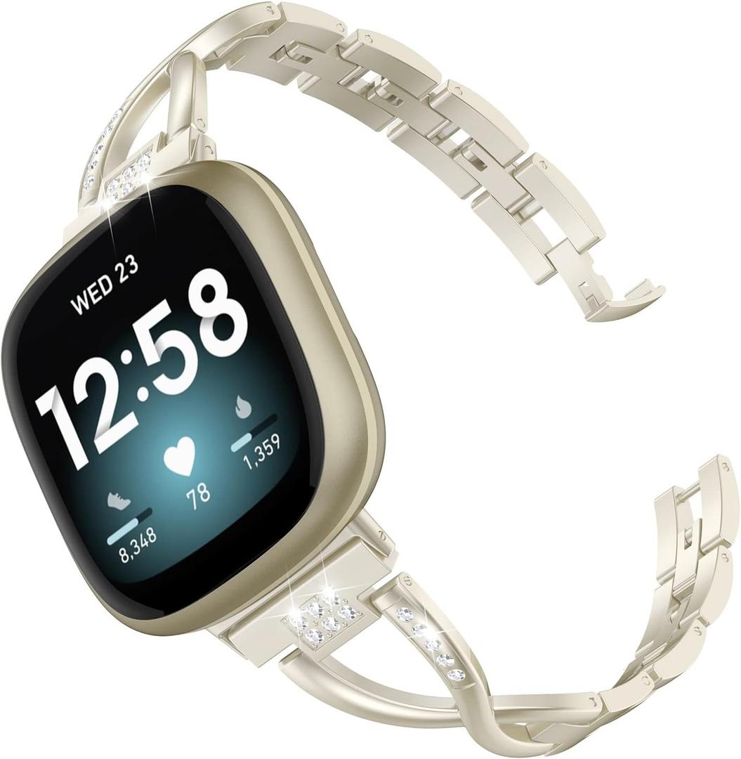 Wearlizer Metal Band Compatible with Fitbit Versa 4/Versa 3/Sense/Sense 2 Bands for Women, Dressy Stainless Steel Bling Rhinestone Link Bracelet Wristband Replacement Strap (Gold)