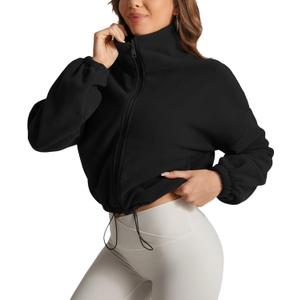 Cropped Fleece Winter Jacket for Women Cozy Sherpa Long Sleeve Coat with Secure Side Pockets (Medium, Black)