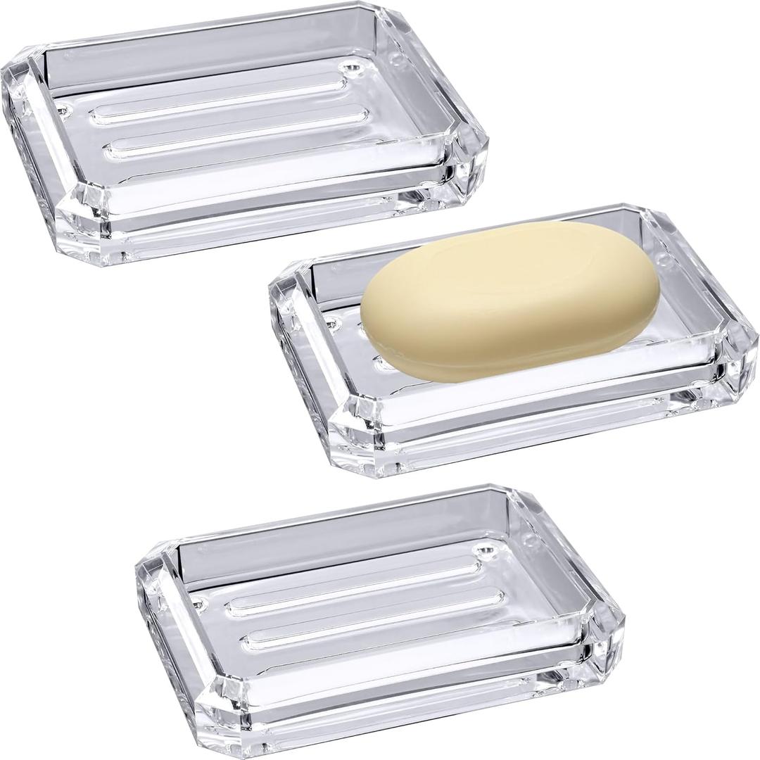 Amazing Abby Luxury Acrylic Soap Dish (Set of 3), Clear Plastic Bar Soap Holder with Drainage Ridges, Unbreakable Soap Tray, Great for Bathroom, Shower, Kitchen Sink, Countertop, and More