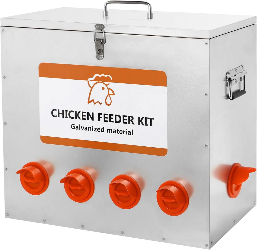 10-Port Galvanized Automatic Metal Poultry Feeder Set with Large Capacity 110lbs,Chicken Feeder No Waste,Rainproof Poultry Feeders Suitable for Ducks, Turkeys (23" L x 20" W x 5" H)