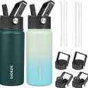 BJPKPK 2 Pack Insulated Water Bottles with Straw Lids, 18oz Stainless Steel Metal Water Bottle with 6 Lids, Leak Proof BPA Free Thermo, Cups, Flasks for Travel, Sports (Army Green+Mint)