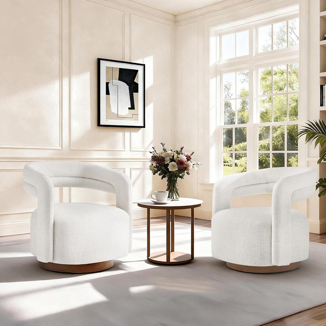 KISLOT, Swivel Accent Chair, Modern Arm Chair with Wooden Base, Cream, 2PCS, Set of 2