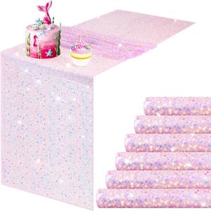 6 Pcs Iridescent Sequin Table Runner 12 x 72 Inch Mermaid Table Runner Glitter Sequin Sparkly Desk Cover for Wedding Birthday Party Ceremony Supplies Decor (Pink)