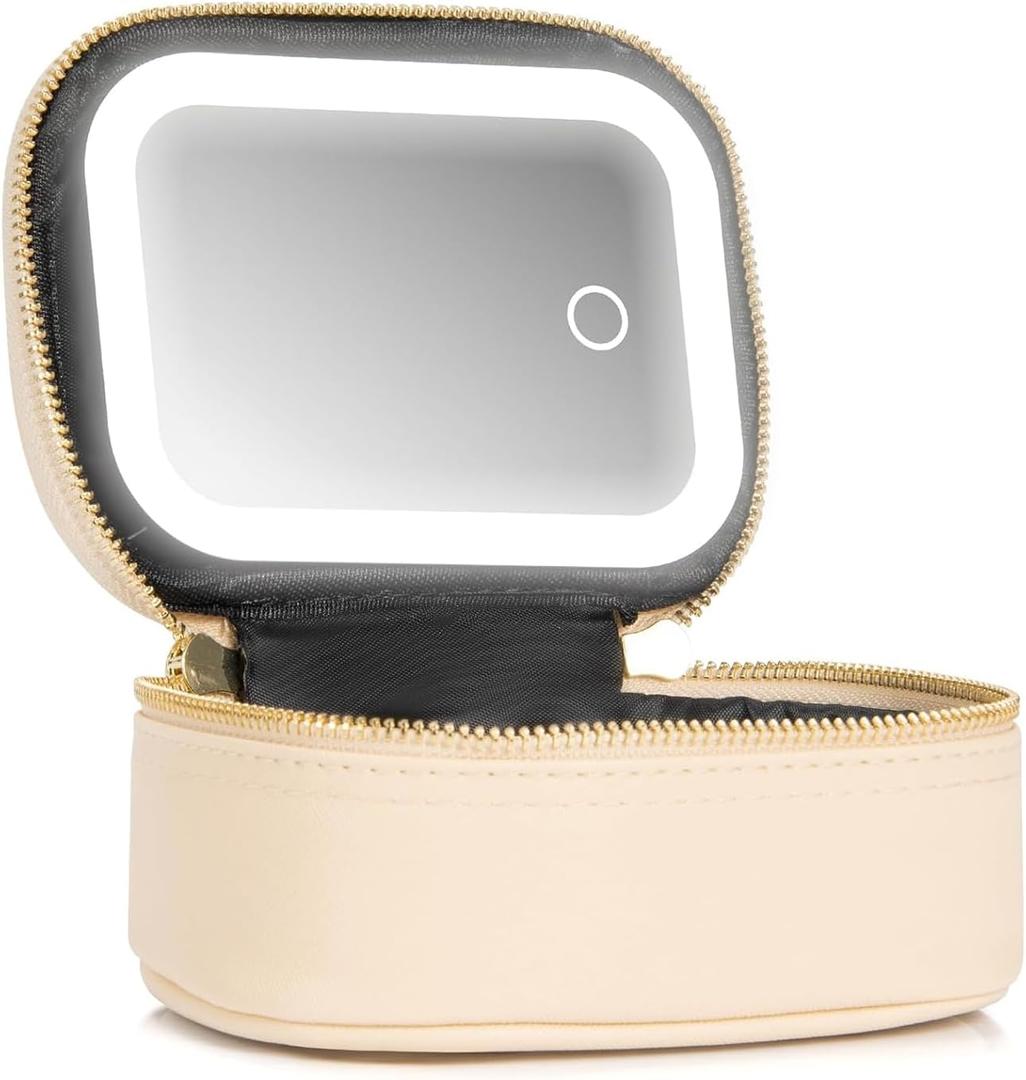 Mini Makeup Bag with Led Mirror,Small Travel Make up Bag 3 Light Modes Adjustable Brightness, for Women Organizer Cosmetic Bag, Portable Travel Train Toiletry Bag, for Pool Parties Work Touch-Ups (Beige)