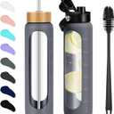 32 oz Glass Water Bottles - 1 Liter Motivational Tumbler Water Bottle Time Marker - Borosilicate Glass Water Bottle With Silicone Sleeve and 2 Lids, Handle Spout & Bamboo Straw Lid (Charcoal Grey)