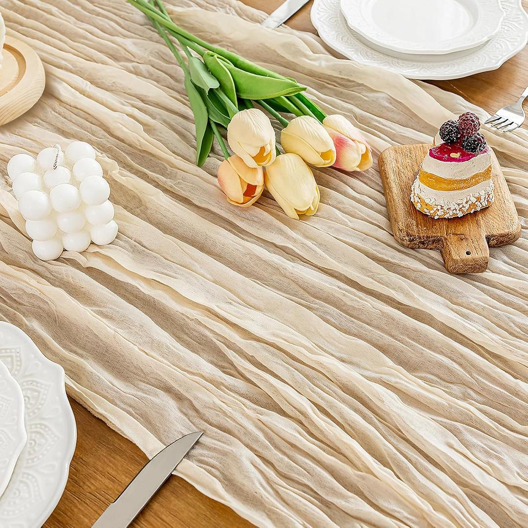 Cheesecloth Table Runner, 10 Ft Boho Rustic Gauze Table Runner Sheer Wrinkled for Centerpiece Decor, Beige, 1 Pcs
