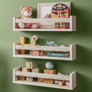 NATURE SUPPLIES Set of 3, 16.4 inch Nursery Book Shelves Made of Solid Wood for Books, Toys, Decor, Wall Kids Bookshelf, Floating Shelf, Ideal Storage for Nursery or Playroom Organization,Whitewashed