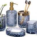 EMPO 6PCS Bathroom Clear Glass Accessories Set (Lotion Soap Dispenser, Soap Dish, Toothbrush Holder, Tumbler, Cotton Swab Jar), Contemporary Modern Decor Crystal Vintage Gift (6pcs Blue)