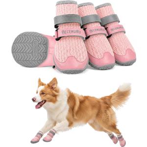 BECEMURU Dog Shoes for Summer, Double-Straps Anti-Slip Dog Boots & Paw Protectors for Hot Pavement, Breathable & Light Weight Outdoor Walking Hiking Pink, Size 8