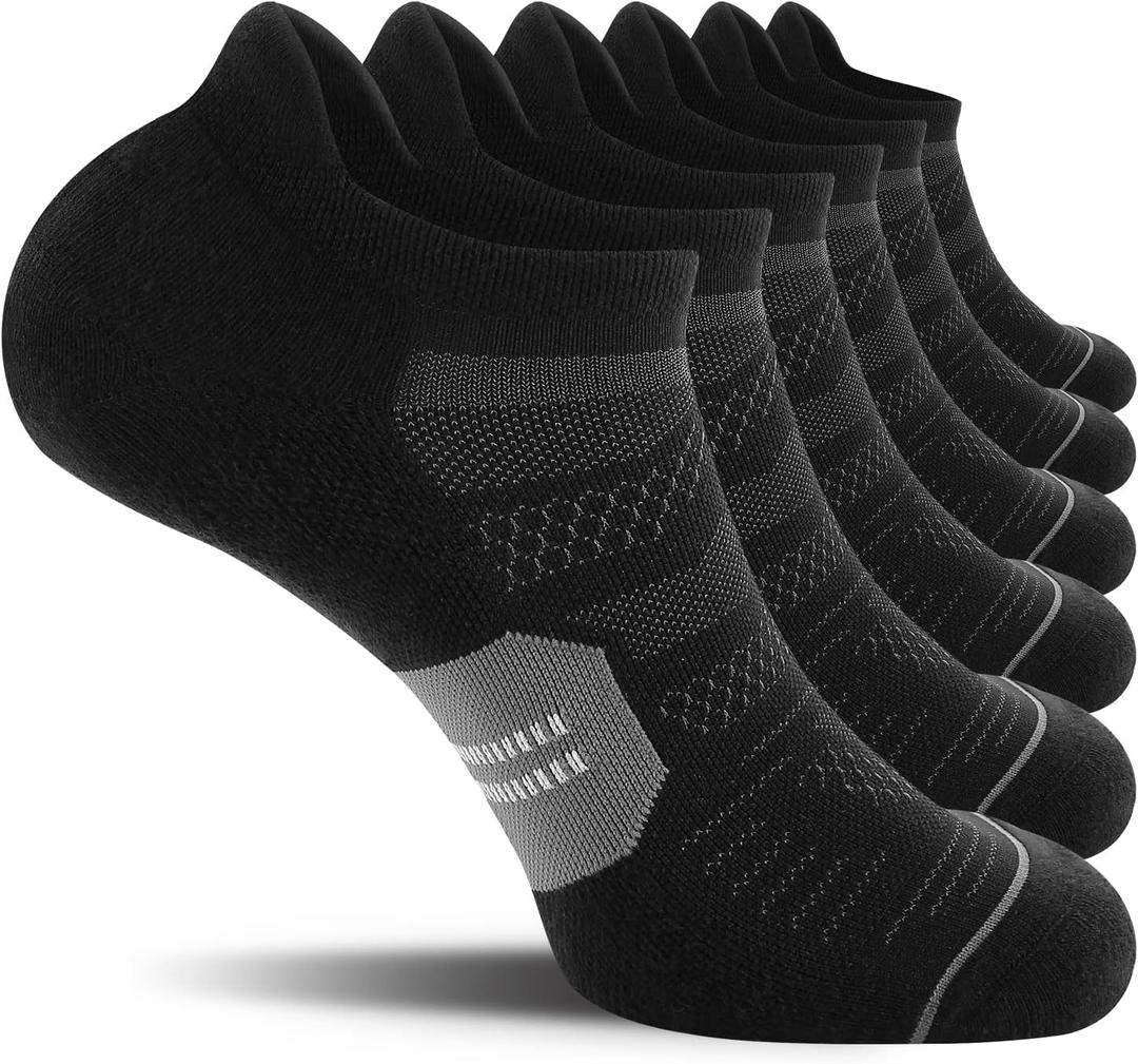 CS CELERSPORT Men's Ankle Running Socks with Cushion Low Cut Athletic Tab Socks for Men Women 6 Pack (Medium, Black + Grey)