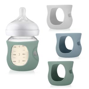 Juome Silicone Sleeves for Avent Natural Glass Baby Bottle - 3 Pack Anti Breakage Baby Bottles Holder, Compatible with Philips Avent Anti Colic Baby Bottles 4 oz (Blue,Green,White(without handles)