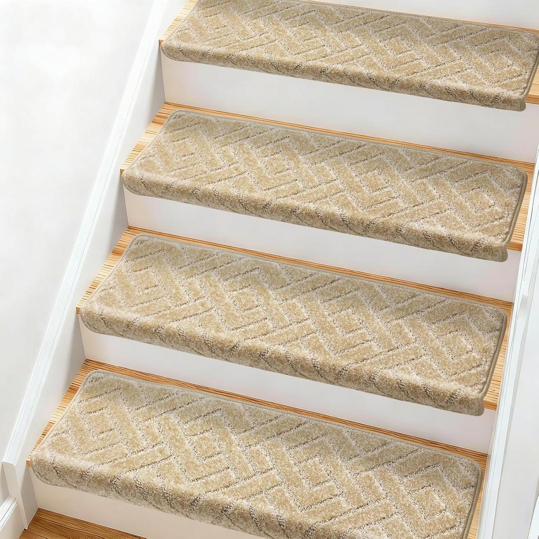 Bullnose Carpet Stair Treads 7 Pieces, 30"x9.5" Carpet Stair Treads for Wooden Steps Indoor with Bullnose Edge, Reusable Peel and Stick Non-Slip Carpet Stair Treads with Nosing, Beige Stripe Pattern