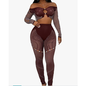 Qikaka Women's 2 PCS Mesh Rhinestones Embroidered Crop Tops Bodycon Pants Sexy Nightclub Party Tracksuit Outfit Set L