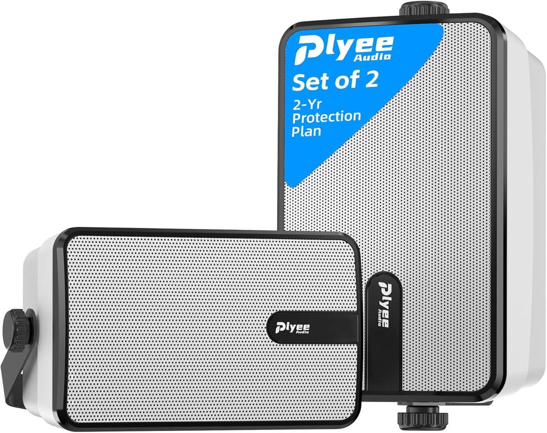 Plyee Audio 250W Outdoor Bluetooth Speakers, Wireless Sync Between Speakers, Powerful Bass, Wall Mount for Patio, Porch, Gazebo, Garage, 2-Pack, White(MZ-632)