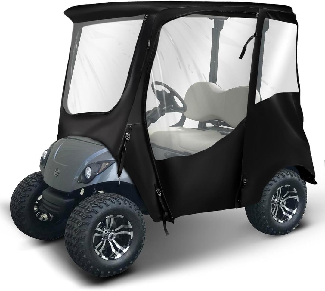 NOKINS 600D Waterproof Golf Cart Deluxe Enclosure for Yamaha G14/G26/G22/G29/Drive 2, 2 Passenger Golf Cart Rain Cover with Clear PVC Roll Up Window (Black)