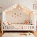 Ball & Cast Full Size Montessori Toddler Floor Bed with Canopy and Roof,Wooden House Beds Frame for Kids,Montessori Floor Bed Frame for Girls Boys,Bedroom,Playroom,No Box Spring Needed,White